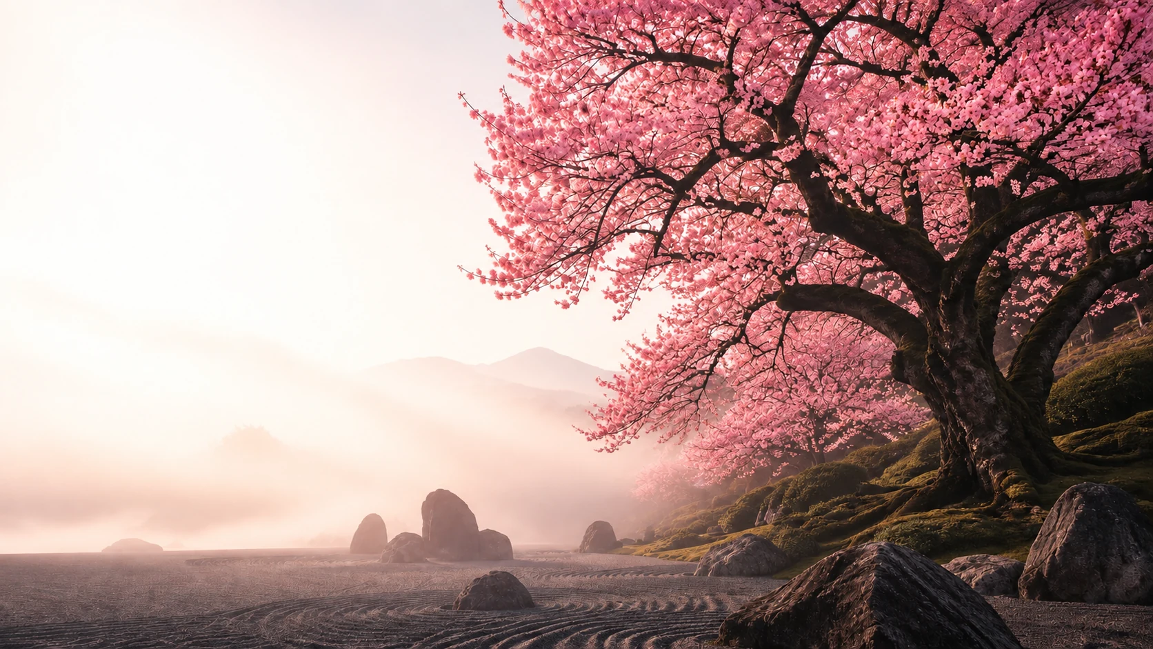 A cherry blossom tree overlooking a tranquil Japanese garden